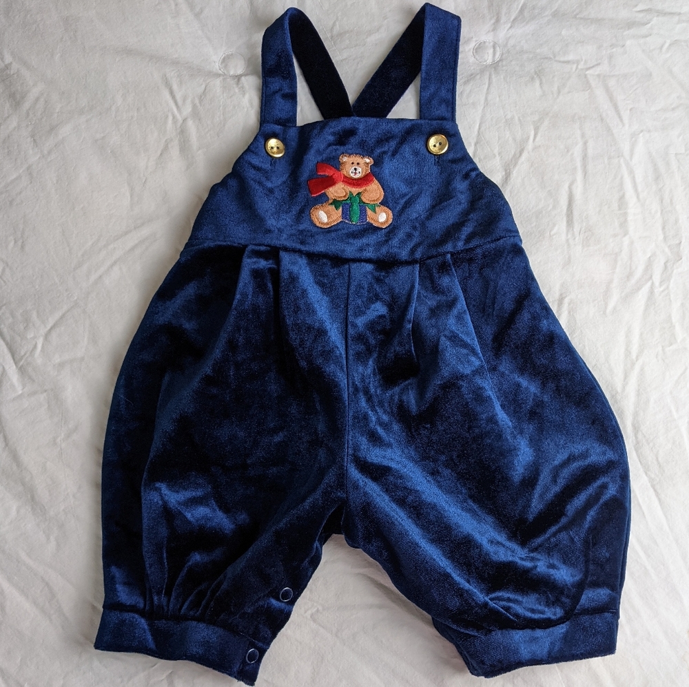 🏈 Overalls EUC teddy bear velvet 12 mo blue vintage